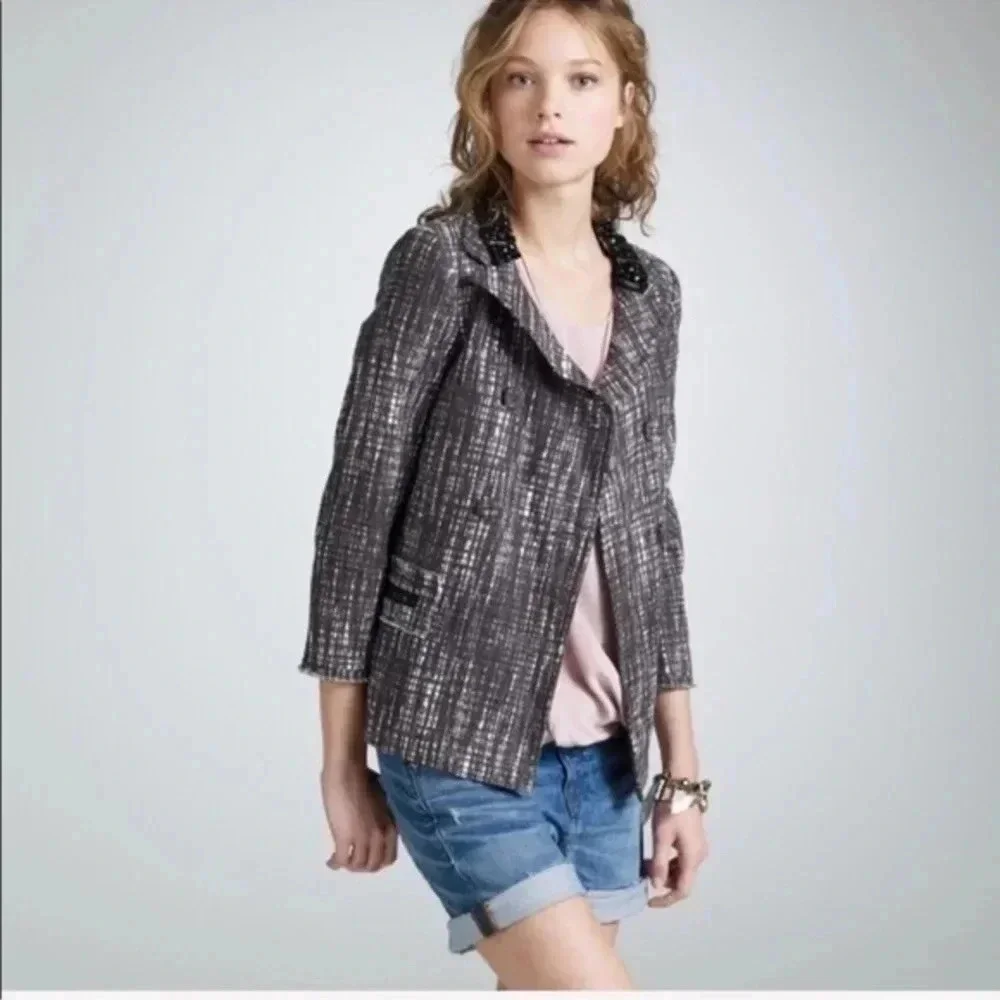 J. Crew Collection Grey Contessa Embellished Collar Tweed Blazer Jacket Size 4